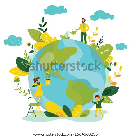 Ecology concept. People take care about planet ecology. Protect nature and ecology banner. Earth day. Globe with trees, plants and volunteer people. Vector illustration