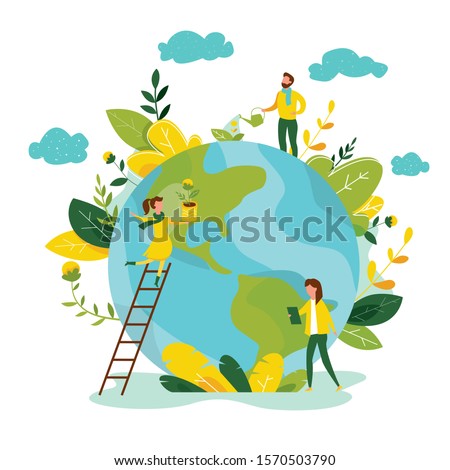 Ecology concept. People take care about planet ecology. Protect nature and ecology banner. Earth day. Globe with trees, plants and volunteer people. Vector illustration