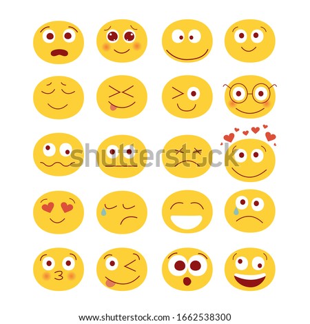 Modern vector illustration of set of cute funny emoticons.  Emoji set. Set for social networks, messenger and chats. Different smiles with laugh kisses surprise love and sadness