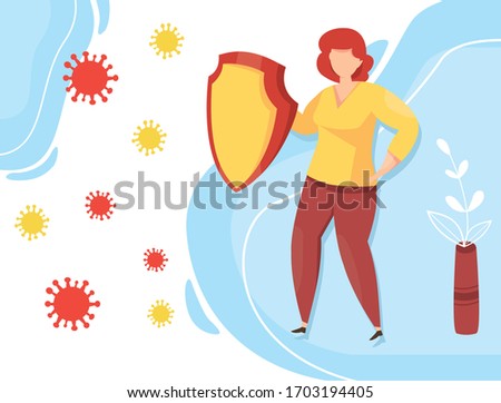 Protection against viral infections. a Woman with a shield fights off an attack of infection. Protection against Coronavirus  COVID-19 epidemic. Pandemic prevention. Vector illustration. 
