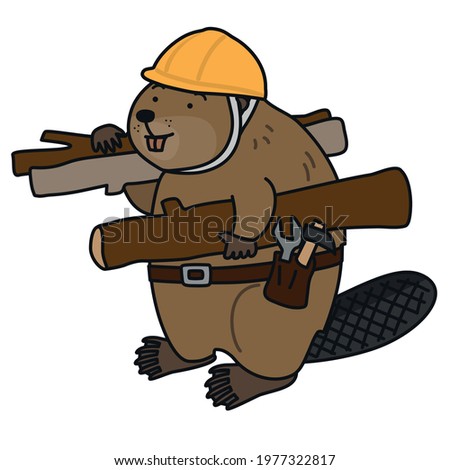Beaver wearing a helmet carries logs on his shoulder