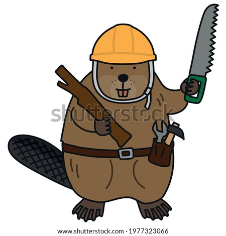 Beaver wearing a helmet holds a saw in his hand