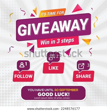 Giveaway quiz contest and announcement for social media feed. Vector template prize win competition with steps