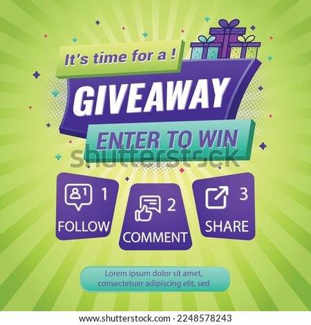 Giveaway quiz contest and announcement for social media feed. Vector template prize win competition with steps
