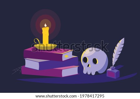 a spooky composition with a candle a skull an ink-pot and books for halloween
