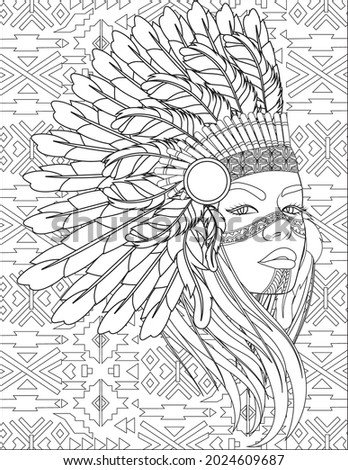 Native Woman With Feather Headdress Side Looking Colorless Line Drawing. Lady With Eagle War Bonnets Coloring Book Page.