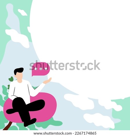 Bussinesman presenting important news. Man speaking. Big white speech bubble contains brand new information. Emty space for text on bright colored background.