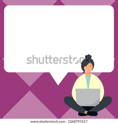 Yung girl sitting on the floor with laptop. Typing message. Important information written over white board under woman head. Big place for text behind model.