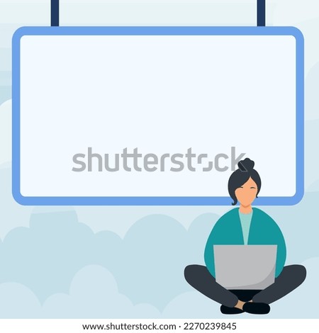 Yung girl sitting on the floor with laptop. Typing message. Important information written over white board under woman head. Big place for text behind model.