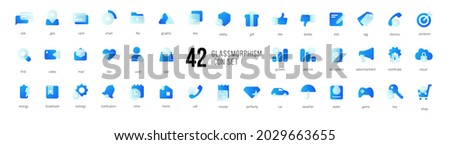 A set of blue vector icons of modern trend in the style of glass morphism with gradient, blur and transparency. The collection includes 42 icons in a single style of business, finance, UX UI Stock foto © 