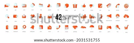 A set of red vector icons of modern trend in the style of glass morphism with gradient, blur and transparency. The collection includes 42 icons in a single style of business, finance, UX UI