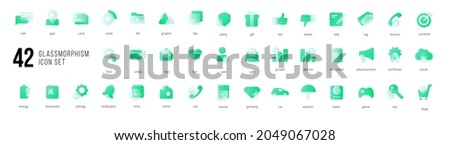 A set of green vector icons of modern trend in the style of glass morphism with gradient, blur and transparency. The collection includes 42 icons in a single style of business, finance, UX UI