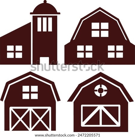 Farm building vector illustration set. Cartoon flat front view of village farmhouses collection with hay silo red barn, industry tower, chicken coop hen house, wind mill greenhouse isolated on white