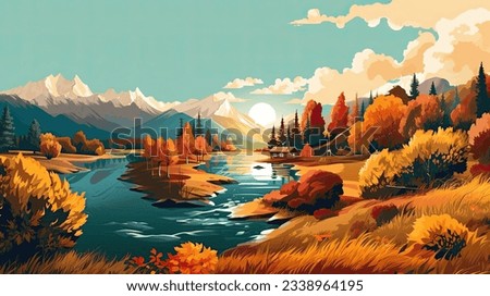 Similar – Image, Stock Photo Sunset cabin landscape with river and forest