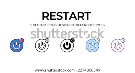 restart Icon Design in Five style with Editable Stroke. Line, Solid, Flat Line, Duo Tone Color, and Color Gradient Line. Suitable for Web Page, Mobile App, UI, UX and GUI design.