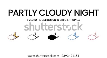 Partly Cloudy Night Icon Design in Five style with Editable Stroke. Line, Solid, Flat Line, Duo Tone Color, and Color Gradient Line. Suitable for Web Page, Mobile App, UI, UX and GUI design.