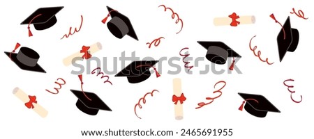 Tassel, cap and certificate graduation horizontal banner template. Congratulations graduates celebration design for college, high school, university. Hand drawn vector illustration.


