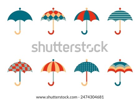 Geometric umbrella clipart collection in retro style. Perfect for posters, greeting cards, T-shirt, stickers and print. Isolated vector illustration for decor and design.
