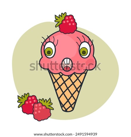 Amused face raspberry ice cream cone character with googly eyes. Perfect print for tee, sticker, poster. Retro style vector illustration for decor and design.