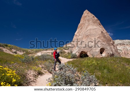Father with baby on hiking path in Cappadocia - Turkey