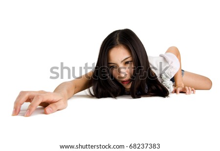 pretty woman crawling on all fours, isolated on white background