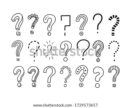 Set of handwritten question marks. Doodle, sketch style. Doodle pictures isolate on white. Vector illustration on white background. Symbols of problem, trouble, confusion. Metaphor question and answer