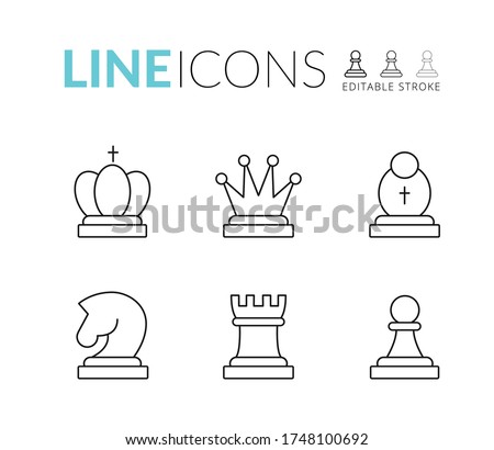 Chess line icon set. Included icon king, queen, bishop, knight, rook, pawn. Chess outline pictogram. Editable Stroke. Set of strategy icons in line style Vector symbols, isolated on a white background