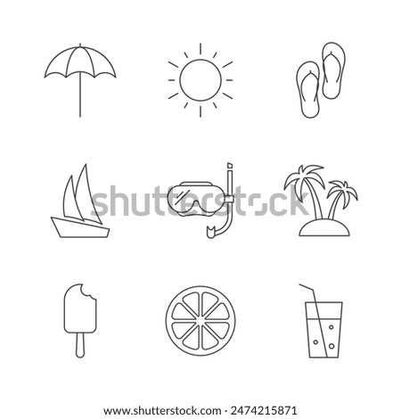 Summer icons. Set of outline vacation vector illustrations. Holiday symbols collection.