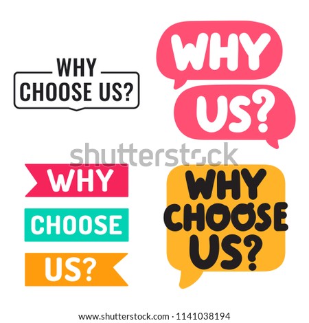 Why choose us? Set of badges, icons. Vector illustrations on white background.