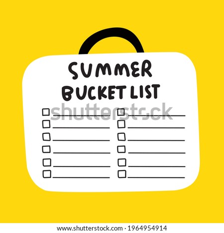 Template of summer bucket list. Icon of suitcase. Hand drawn illustration on yellow background.