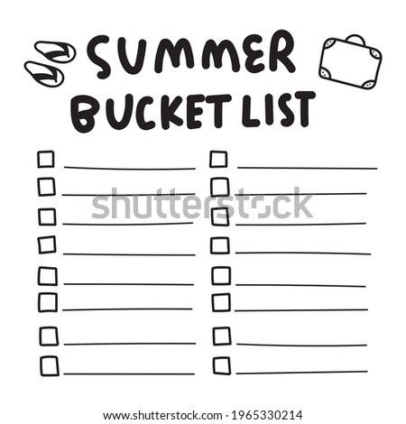Summer bucket list. Printable template. Hand drawn vector illustration on white background.