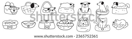 Big collection of Dogs and cats. Outdoor beds and carrier bags for pets. Outline icons. Vector graphic design illustrations on white background.