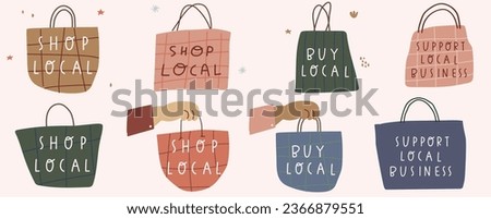 Collection of shopping bags. Shop local, buy local, support local business. Hand drawn vector design. Graphic design. Vector illustration on white background.