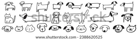 Collection of cute dogs and cats. Sitting, standing and only faces. Hand drawn vector outline illustrations. Contour art. Black color. White background.