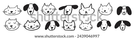 Collection of cute dogs and cats faces. Black color. Isolated icons. Vector outline illustrations on white background. 