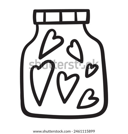 Outline icon. Glass jar full of hearts. Doodle. Vector illustration on white background.