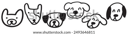 Funny dog faces. Outline icons. Hand drawn design. Vector illustration on white background.