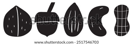 Set of nuts. Silhouettes. Hand drawn design. Black color. Illustration on white background.