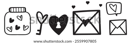 Set of doodles for Valentine's day. Jar with hearts, key with heart, love letter, valentine card. Outline vector illustration on white background.