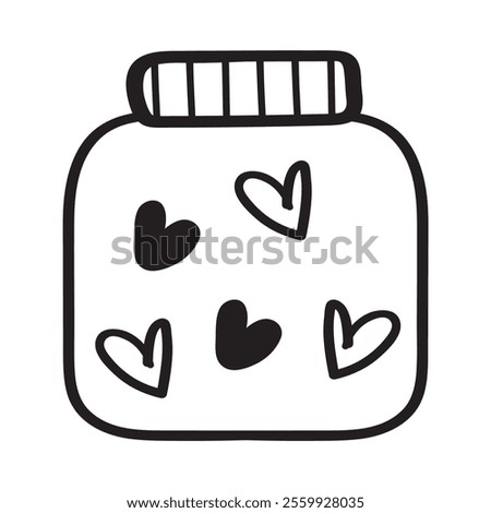 Jar full of hearts inside. Isolated outline icon. Black color. Hand drawn illustration on white background.