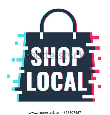 Shop local. Vector icon illustration with glitch effect on white background.
