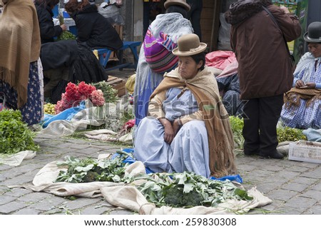 LA PAZ, BOLIVIA - JANUARY 11, 2009: La Paz - Bolivian woman sells vegetables  on the street market in La Paz. Street market is one of the attractions of the city.