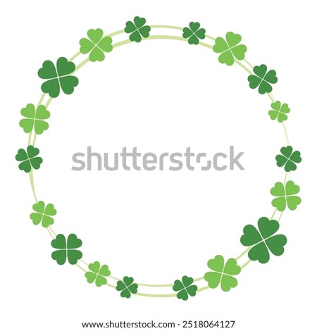 Green 4 leaf clover round frame,  copy space, title design decoration. Four leaves symbol of good luck and happiness. St. Patrick's Day. Shamrock. Isolated vector illustration on white background.