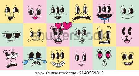 Vintage 30s 40s 50s cartoon Expressive eyes and mouth, smiling, crying and surprised character face expressions emoji set Premium Vector