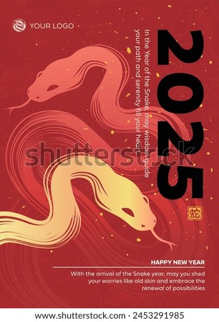 Chinese New Year 2025 modern design in red, gold colors for cover, card, poster, banner. Flyer Template,Chinese zodiac Snake symbol.