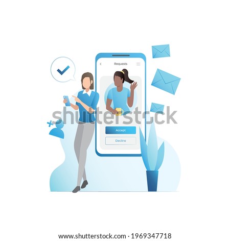 Girl stands at smartphone screen, approves, confirms addition of person to friends, correspondence, sending messages on social networks on Internet. Request, notification. Online communication.