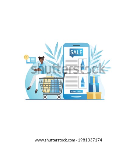 Woman chooses goods on Internet, buys products for promotion, at sale, discount, places order in online store. Girl sits on cart with purchases in paper bags. Contactless payment in smartphone.