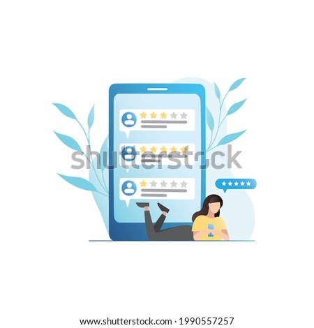 Vector woman in smartphone gives five stars for services, writes comments, reviews, opinions about quality on Internet on website. Client recommends girl in online rating, list.