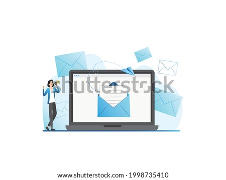 Vector girl with megaphone, loudspeaker sends, receives new message, sms, letter in envelope on social networks on laptop. Woman and correspondence, communication on Internet on website, by e-mail.
