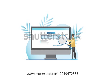 Vector man with large magnifying glass searches for information given in search engine, enters request into address bar in browser. Internet surfing in computer. Guy is looking on website, page.